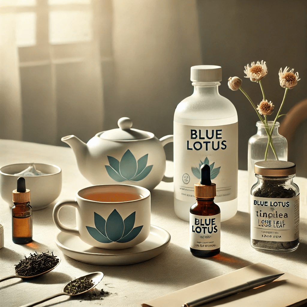 A calm and reassuring display of Blue Lotus products including tincture, tea, and loose leaf, arranged with safety items like a notebook and reading glasses.