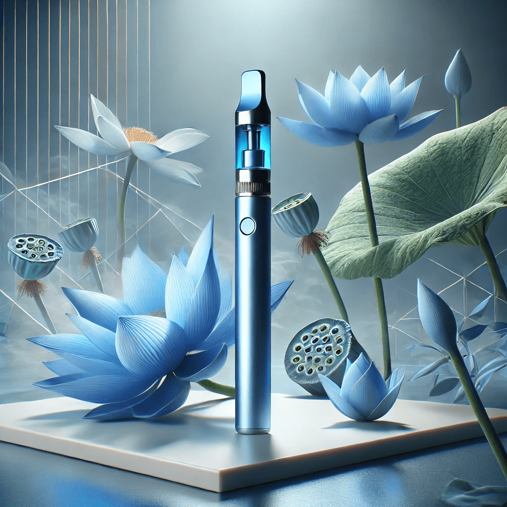 A sleek Blue Lotus vape pen surrounded by fresh Blue Lotus flowers, set against a clean, futuristic background.