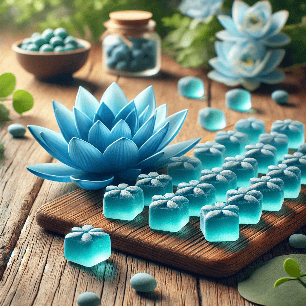 Close-up of Blue Lotus gummies arranged on a wooden surface with a Blue Lotus flower beside them, emphasizing quality and natural ingredients.