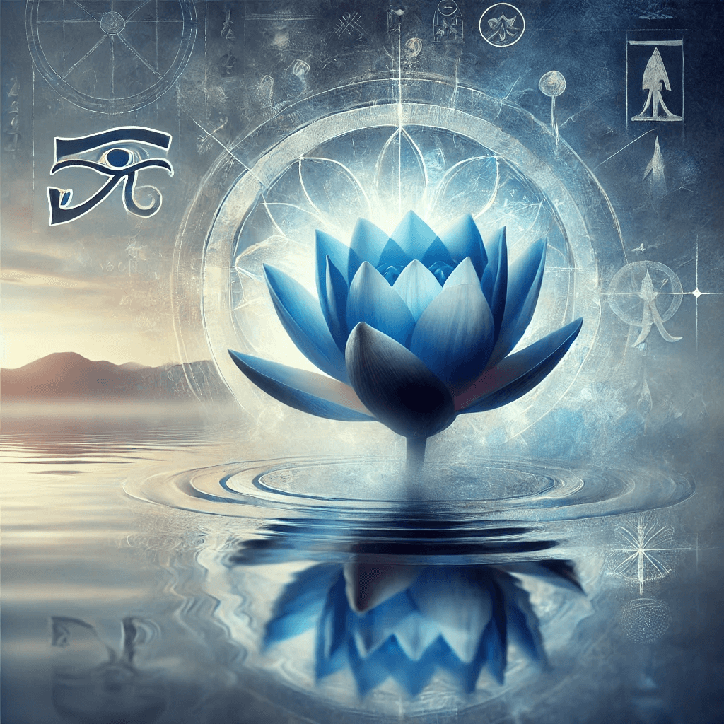 A visually striking Blue Lotus flower in full bloom, floating on calm water with ancient Egyptian hieroglyphs and modern symbols in the background.