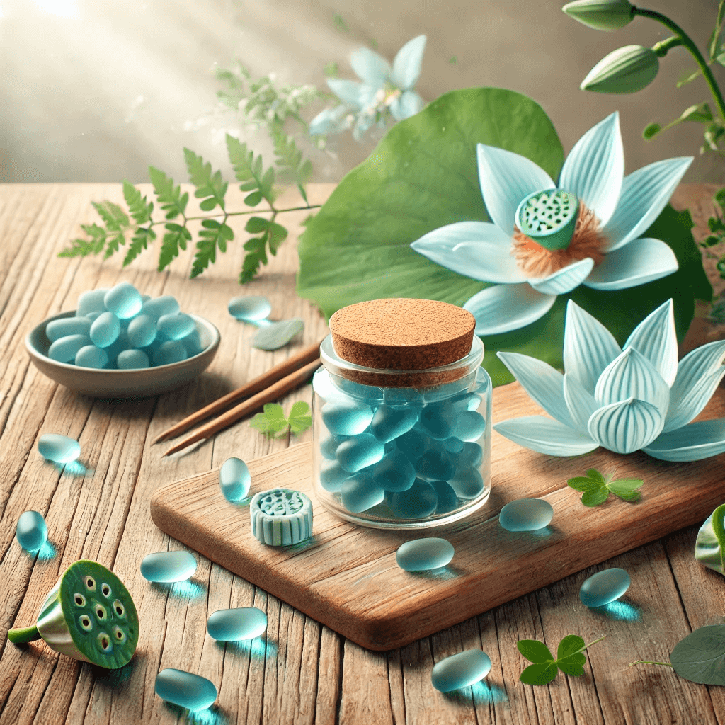 Close-up of Blue Lotus gummies on a wooden surface, accompanied by Blue Lotus flowers, with a serene and calming background.