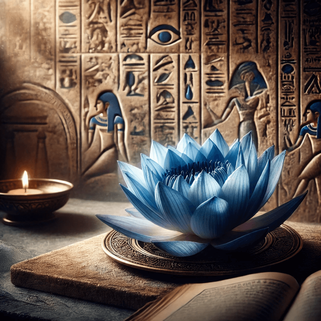 A Blue Lotus flower in full bloom set against ancient Egyptian hieroglyphs, symbolizing its spiritual significance in ancient Egyptian culture.