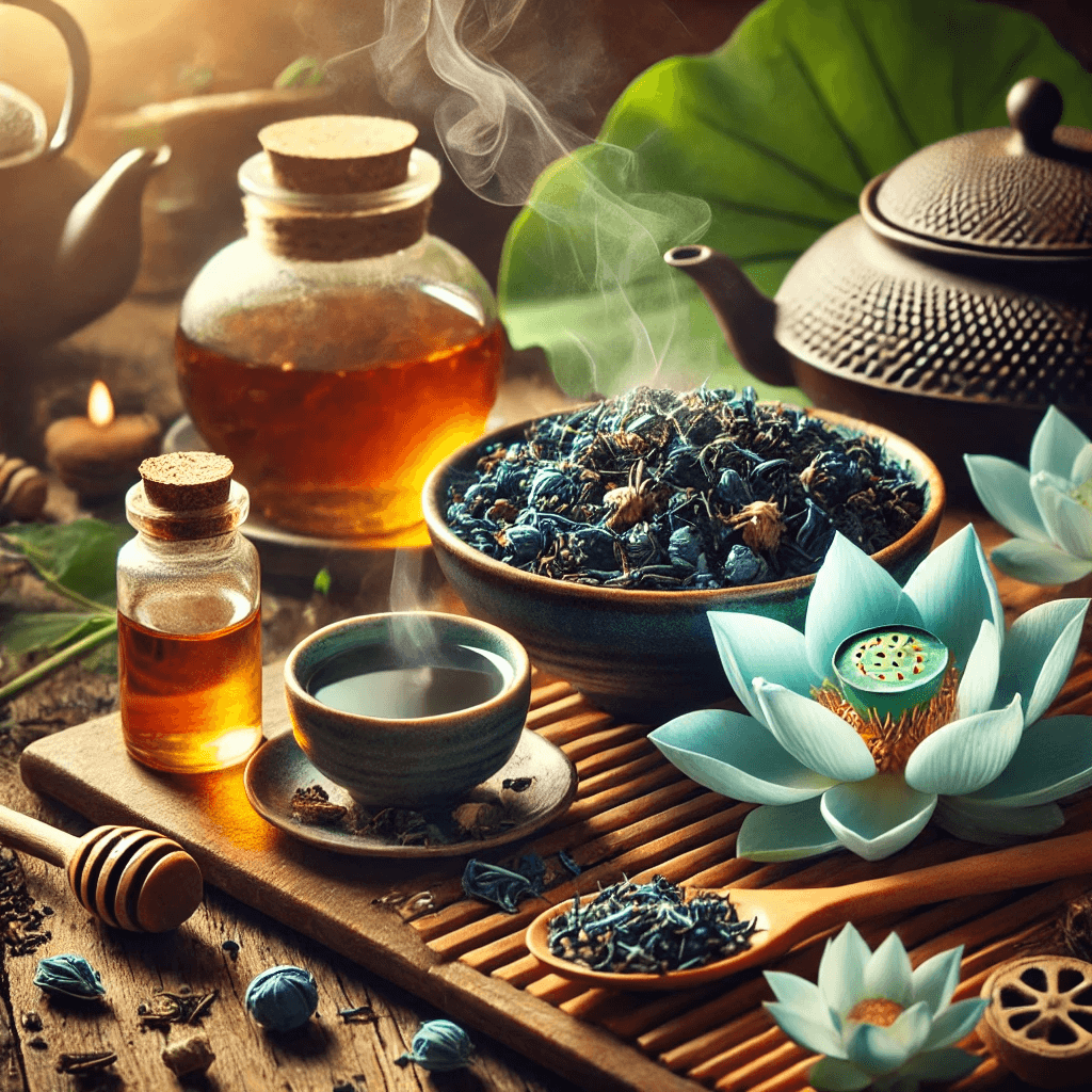 Close-up of Blue Lotus loose leaf next to a steaming cup of tea, a bottle of tincture, and natural wellness items, emphasizing holistic practices.