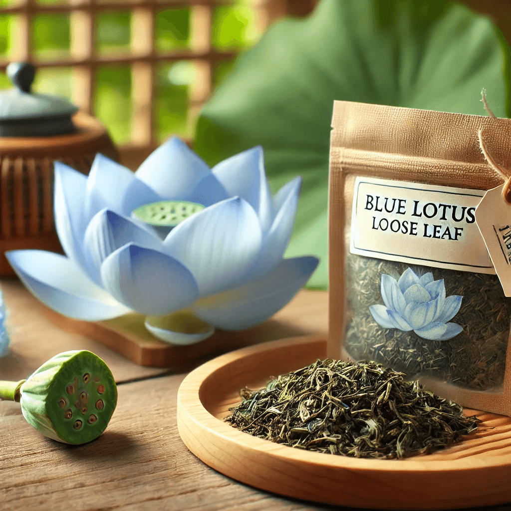 A neatly arranged display of Blue Lotus loose leaf beside a labeled pouch and fresh Blue Lotus flowers, set in a natural environment.