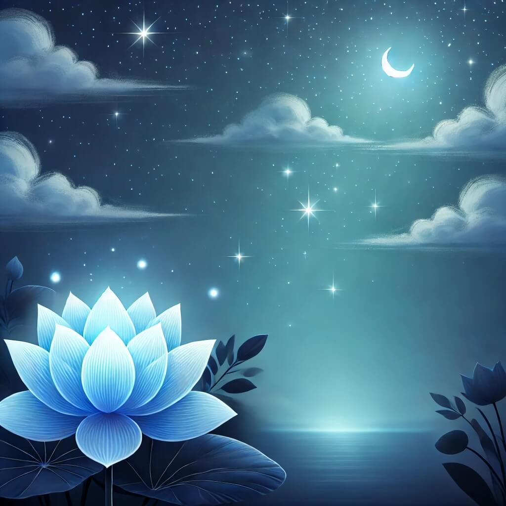 A peaceful night scene featuring a Blue Lotus flower blooming under a starry sky with dreamlike elements, symbolizing its connection to lucid dreaming.