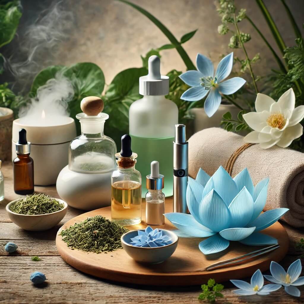 A serene image showing various forms of Blue Lotus products, including loose leaves, tea, tincture, and a vaporizer, arranged on a wooden surface with natural elements like greenery, highlighting their integration into a daily wellness routine.