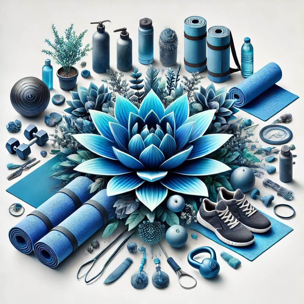 An artistic representation of Blue Lotus flowers surrounded by yoga mats, fitness gear, and wellness products, symbolizing the connection between Blue Lotus and modern health-conscious ecommerce. The Blue Lotus serves as the focal point, representing wellness, calm, and spiritual growth, integrated with the fitness and yoga lifestyle