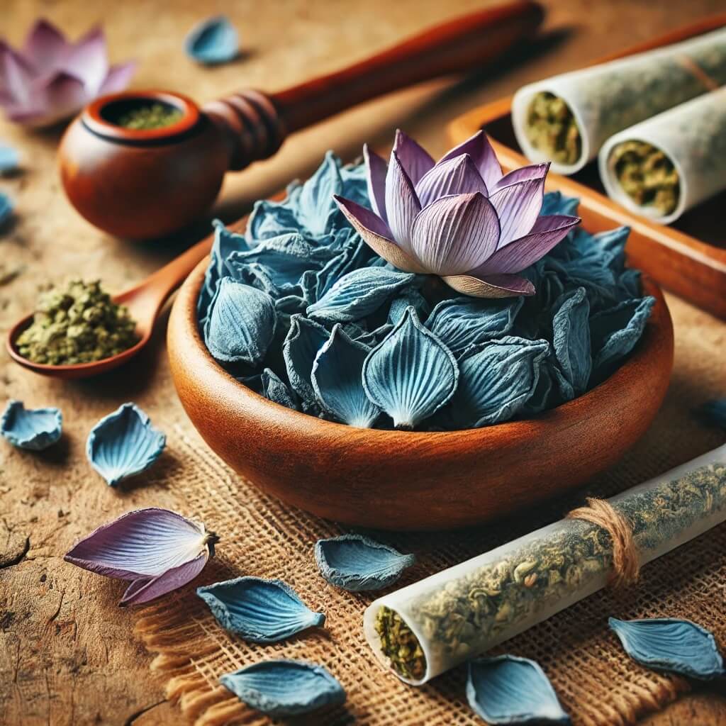 A close-up view of dried Blue Lotus petals in a bowl, with a rolled joint and a pipe on a natural surface.