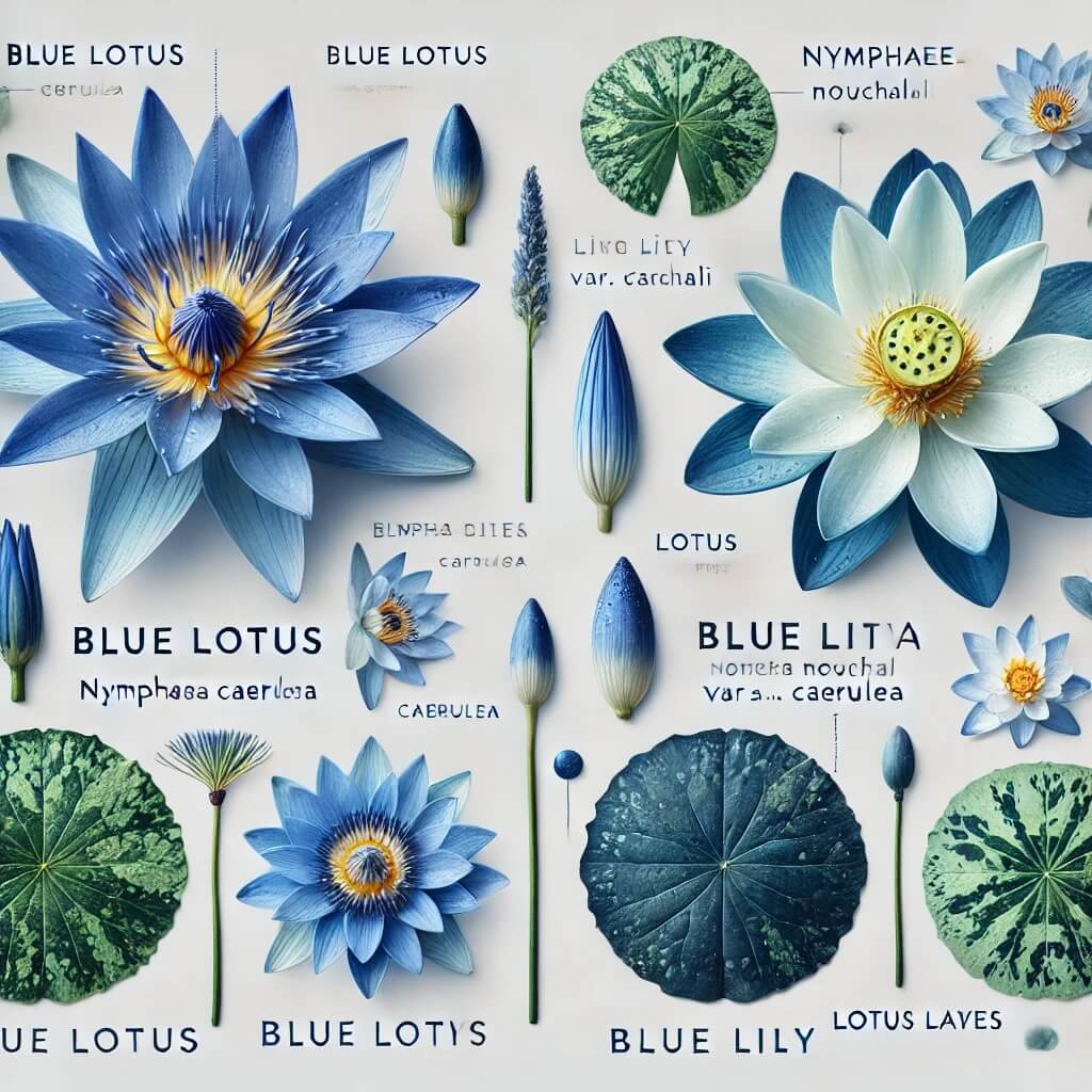 Comparison of Blue Lotus and Blue Lily flowers and leaves, along with distinctions between lily pads and lotus leaves.