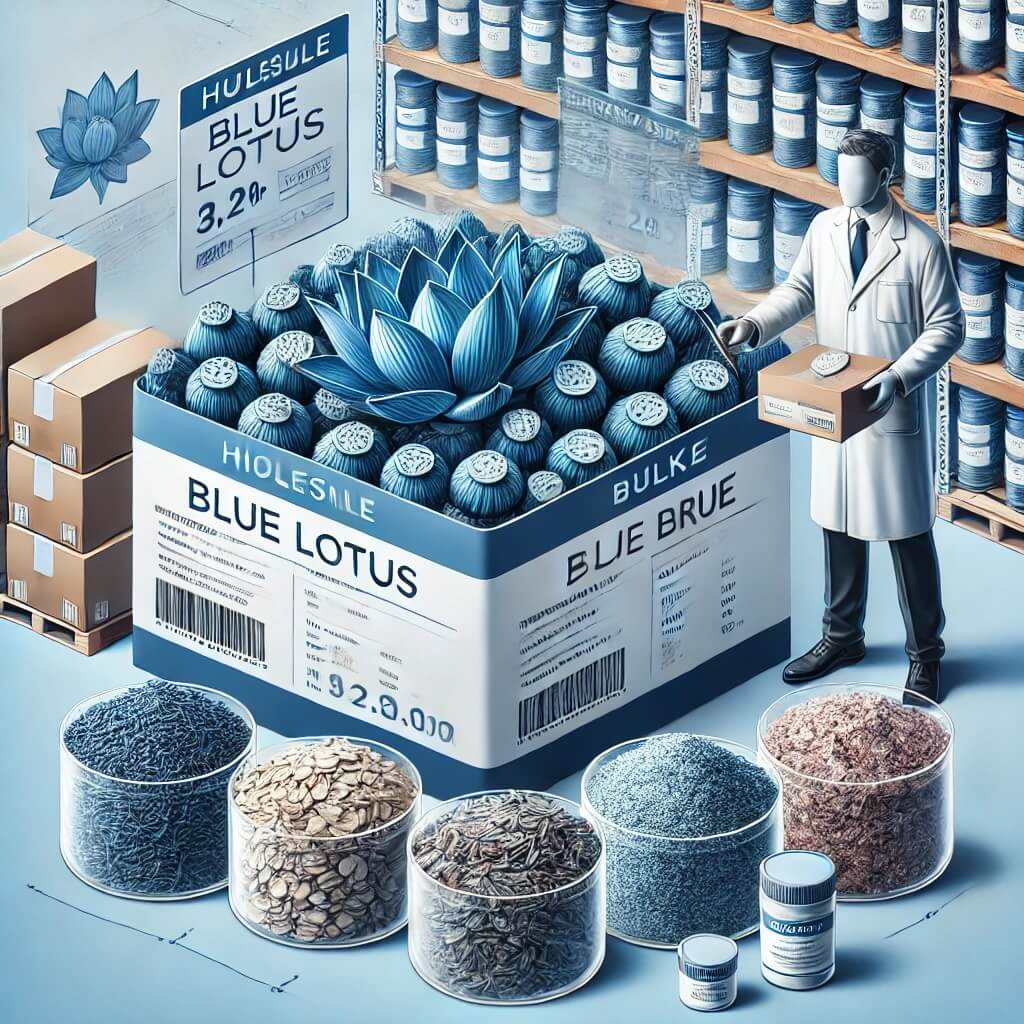 Bulk quantities of Blue Lotus flowers and dried petals in large containers, representing wholesale purchasing in a professional setting.