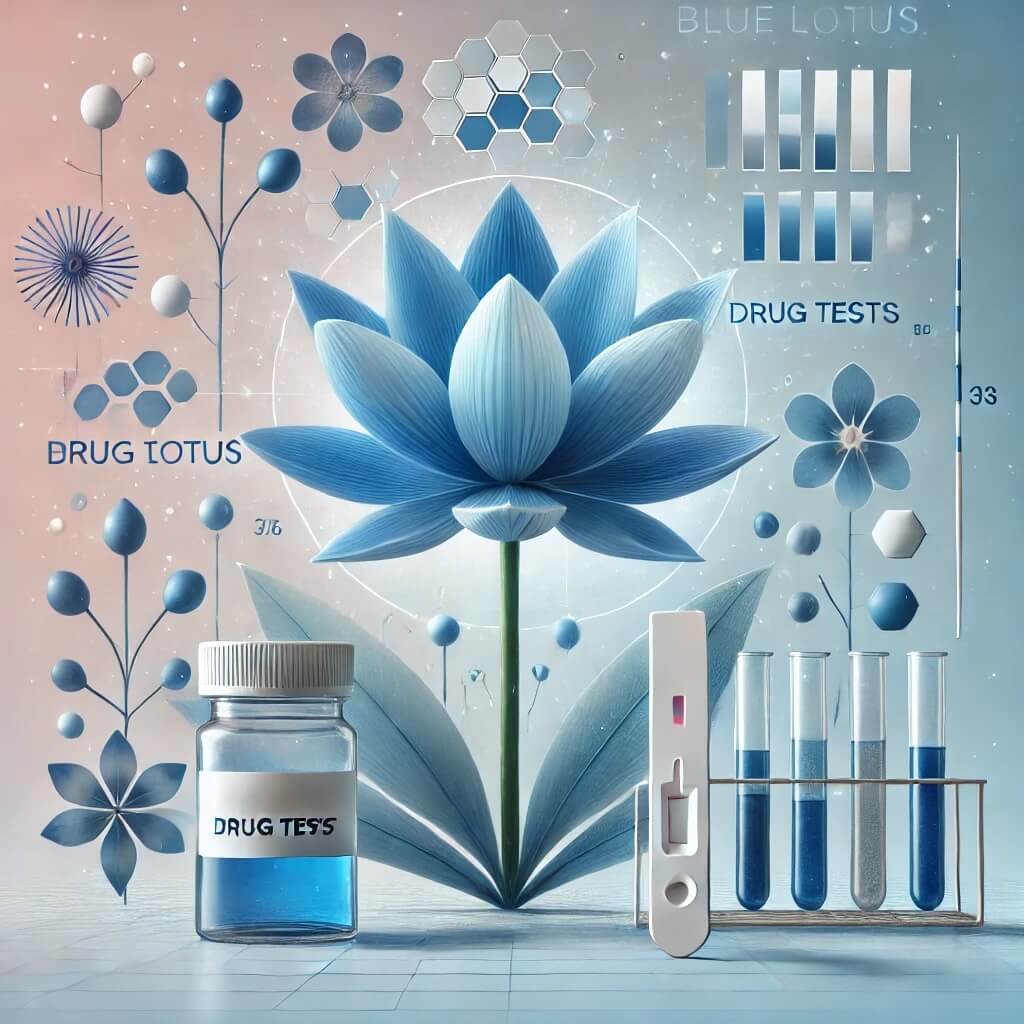 Illustration of a Blue Lotus flower with drug test elements including a test strip and vial, symbolizing the connection between Blue Lotus and drug testing.