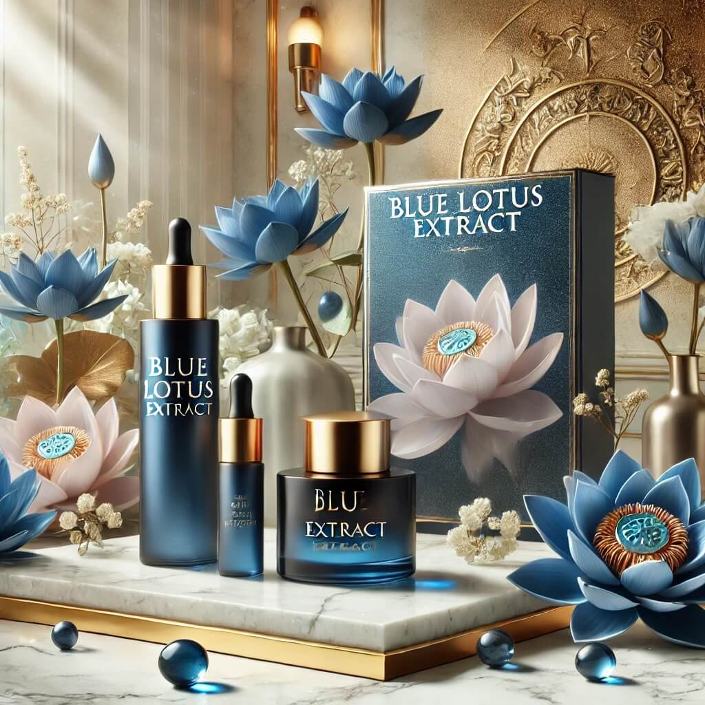 A luxurious scene featuring Blue Lotus extract in premium skincare products.