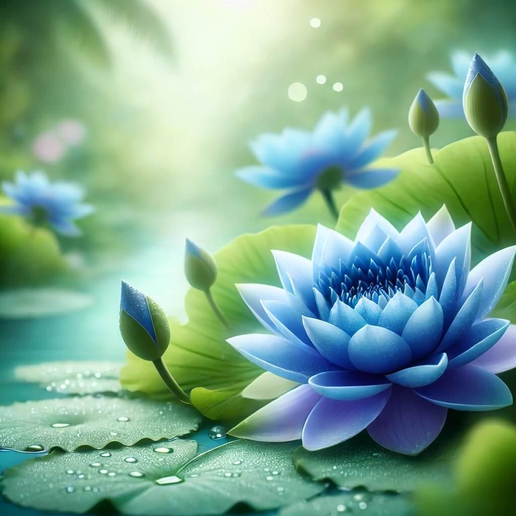 A tranquil scene featuring vibrant blue lotus flowers surrounded by lush green leaves, symbolizing relaxation and stress relief.