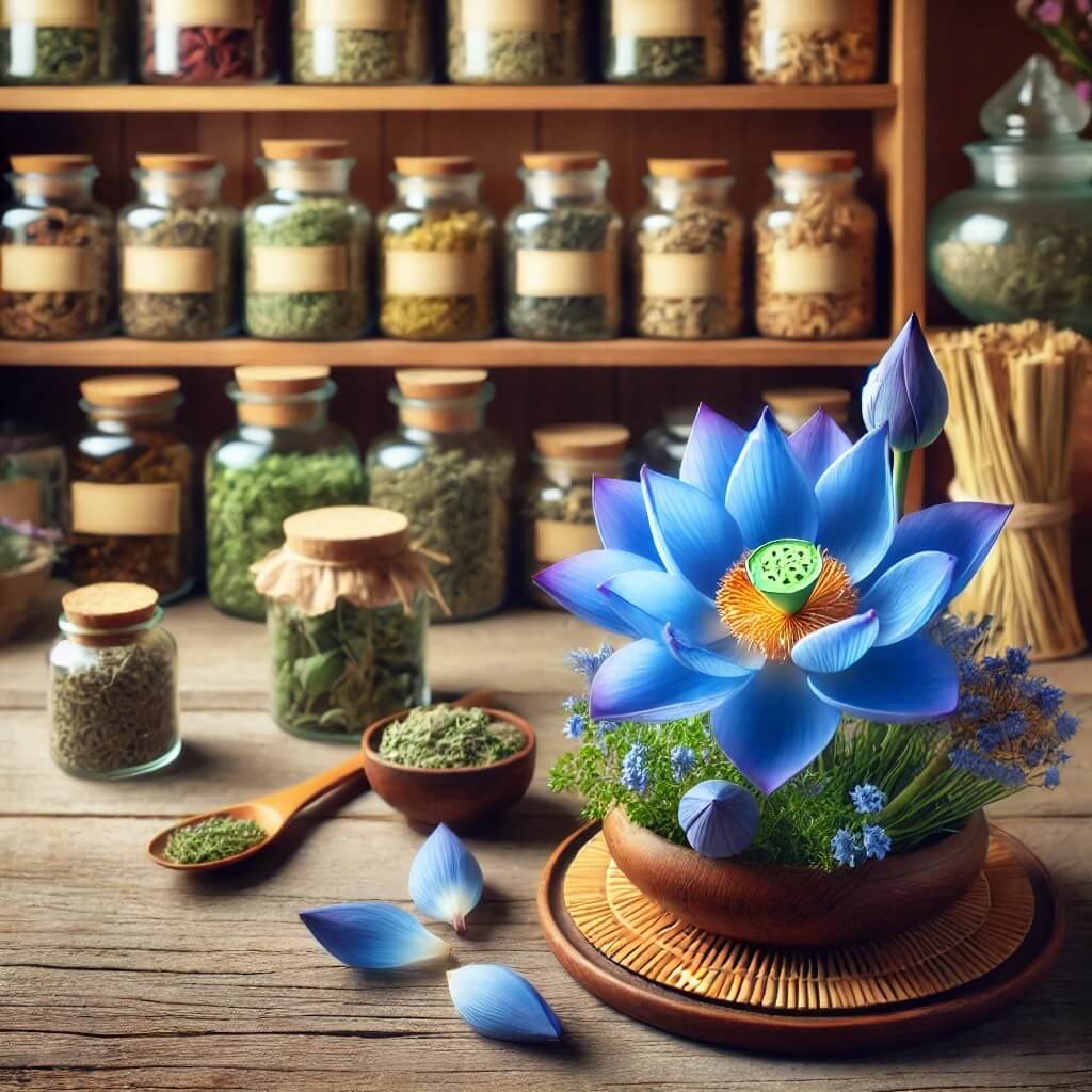 A serene scene of vibrant blue lotus flowers displayed in a tranquil herbal shop, with jars of dried herbs and natural remedies on wooden shelves in the background.