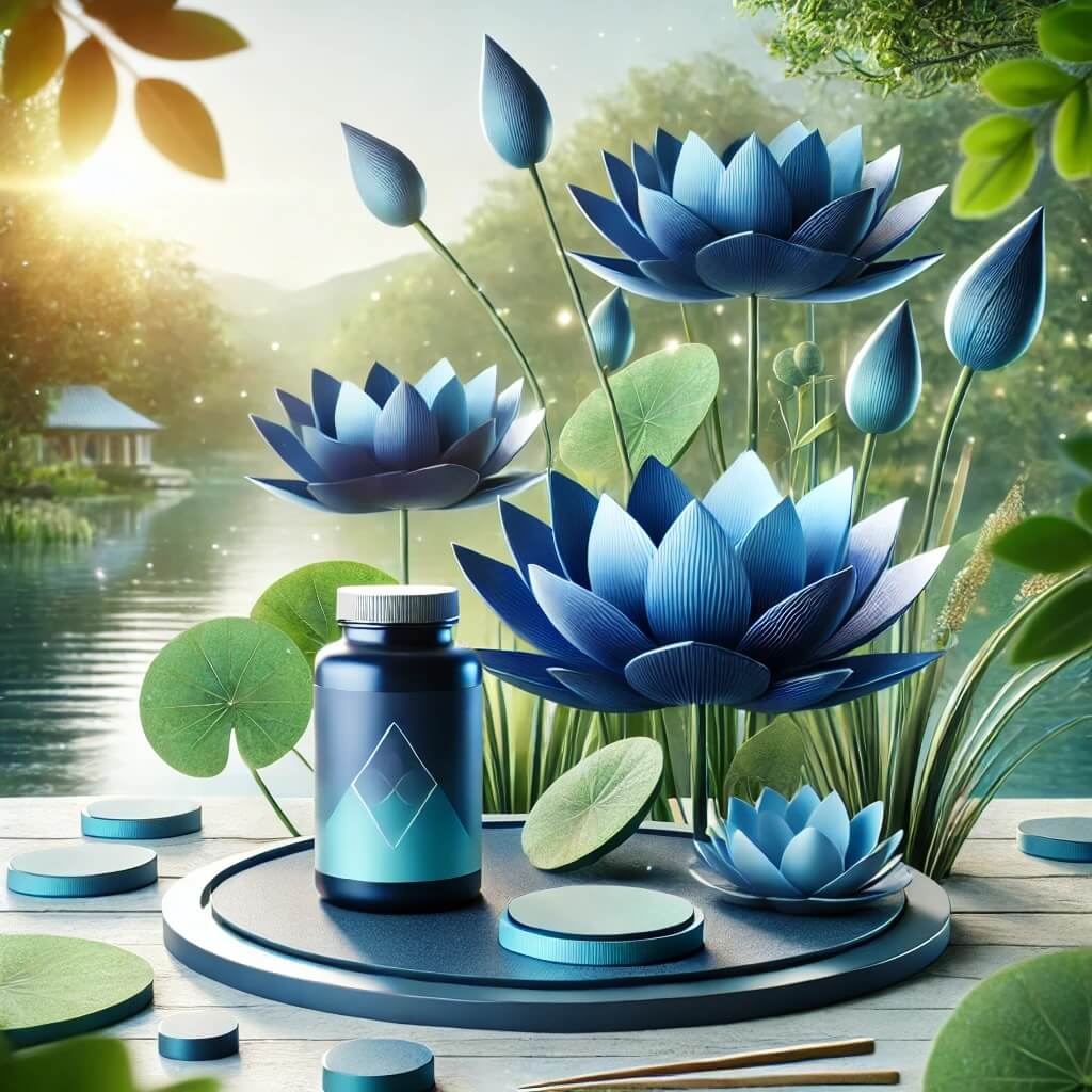 A serene scene featuring vibrant Blue Lotus flowers in a natural setting, representing the future of natural health supplements.