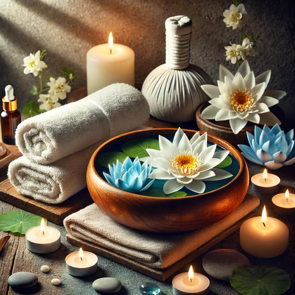 A beautiful spa setting featuring soft candlelight, fresh white towels, vibrant blue lotus flowers, and a serene water basin, creating a peaceful atmosphere for relaxation and healing.