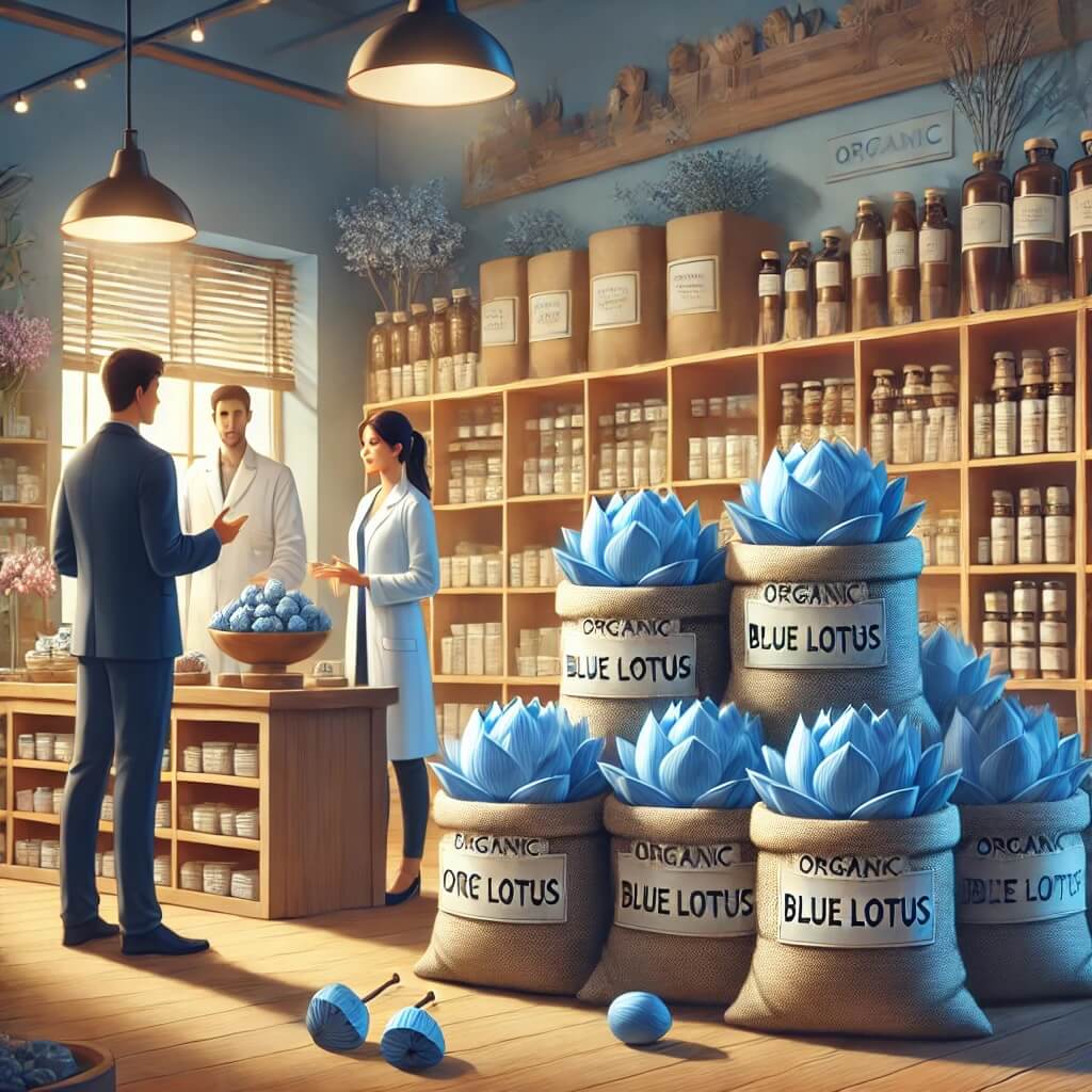 Bulk bags of blue lotus flowers on display in an organized herbalist shop, with herbalists discussing the products in a professional setting.