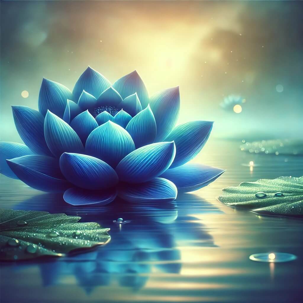 A blue lotus flower in full bloom floating on calm water, surrounded by green lily pads with soft sunlight reflecting off the surface. The background is misty and serene.