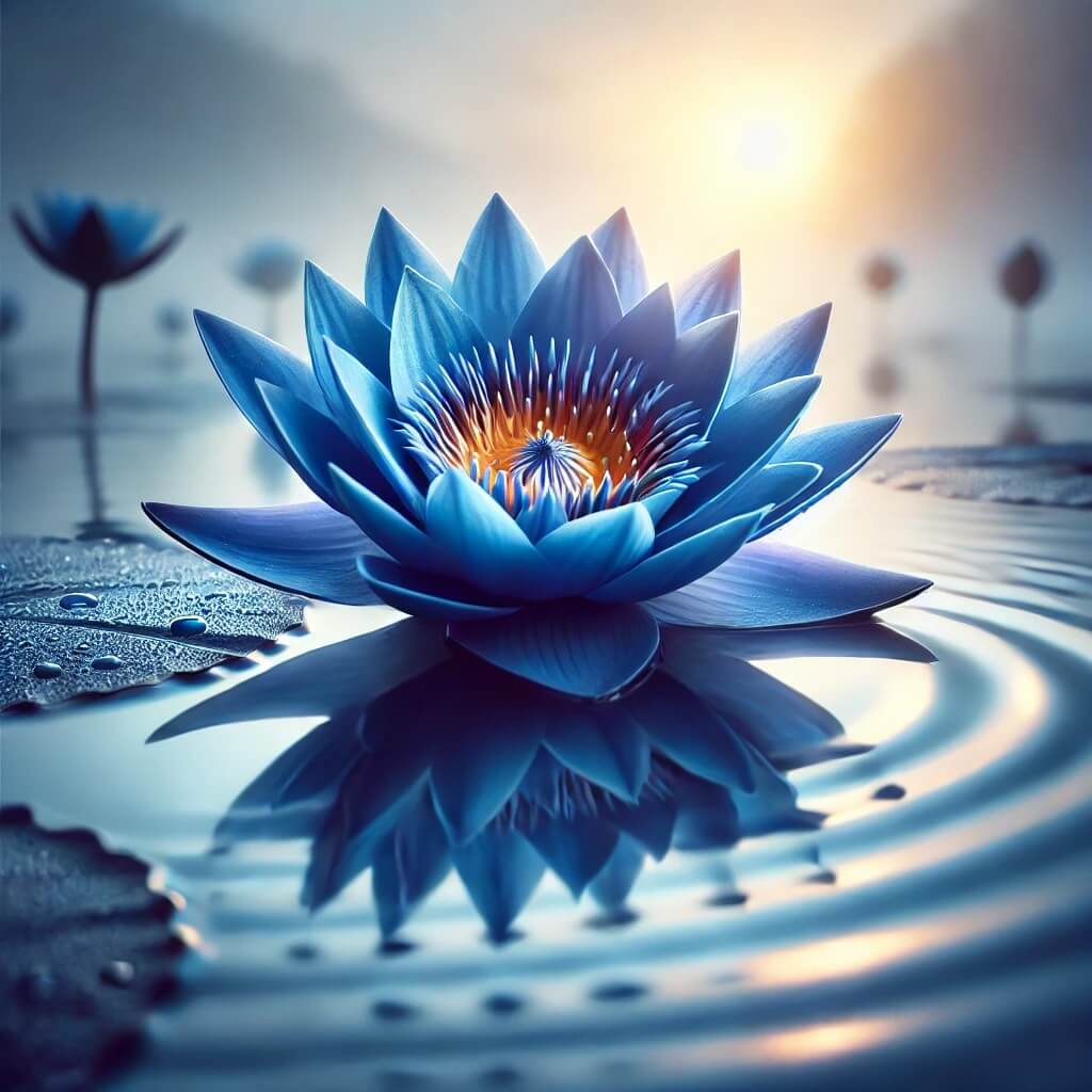 A Blue Lotus flower in full bloom with vibrant blue petals and a golden-yellow center, floating on calm water, surrounded by soft ripples and sunlight filtering through mist.