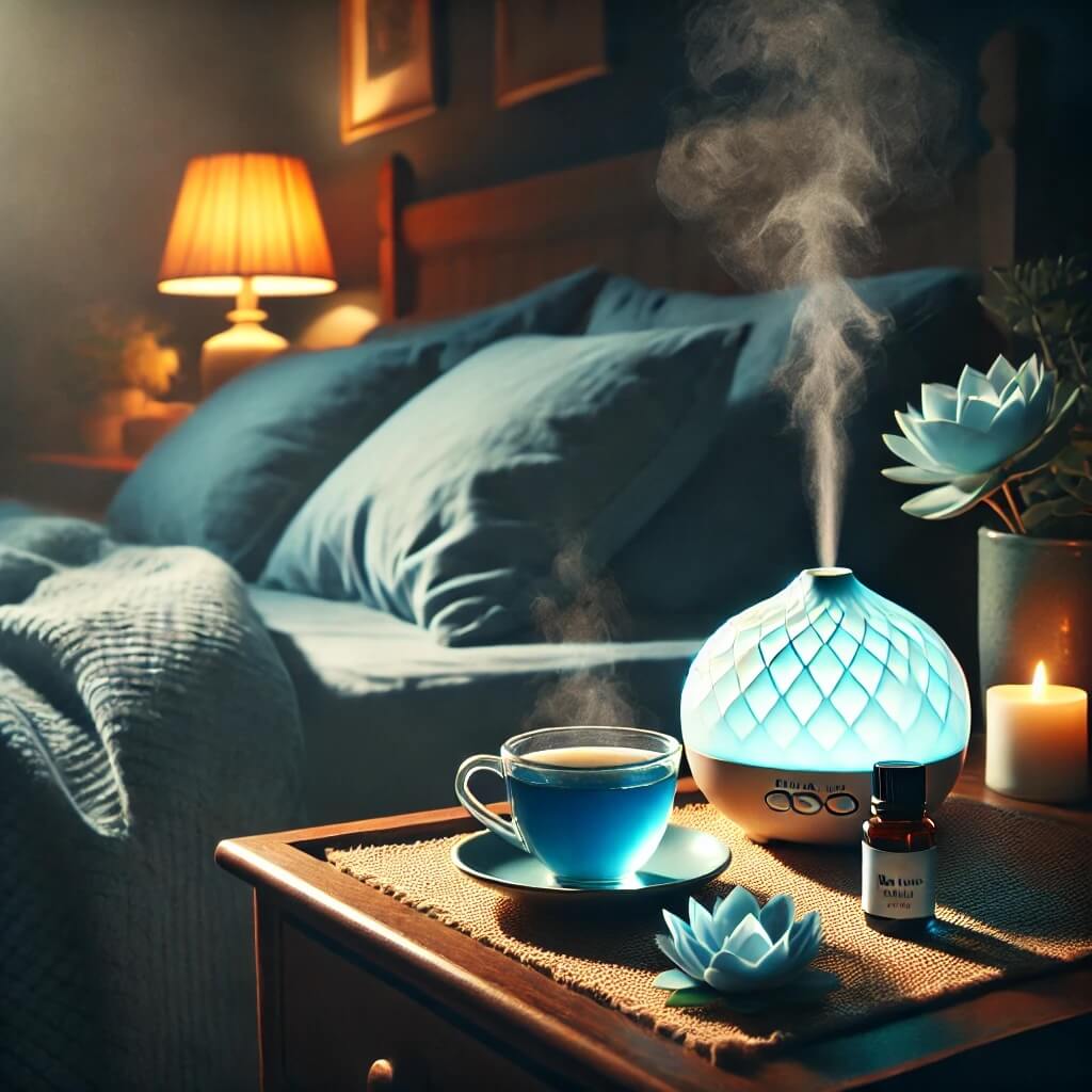 A peaceful bedroom scene at night with a cup of Blue Lotus tea on a nightstand next to a diffuser releasing Blue Lotus essential oil mist.