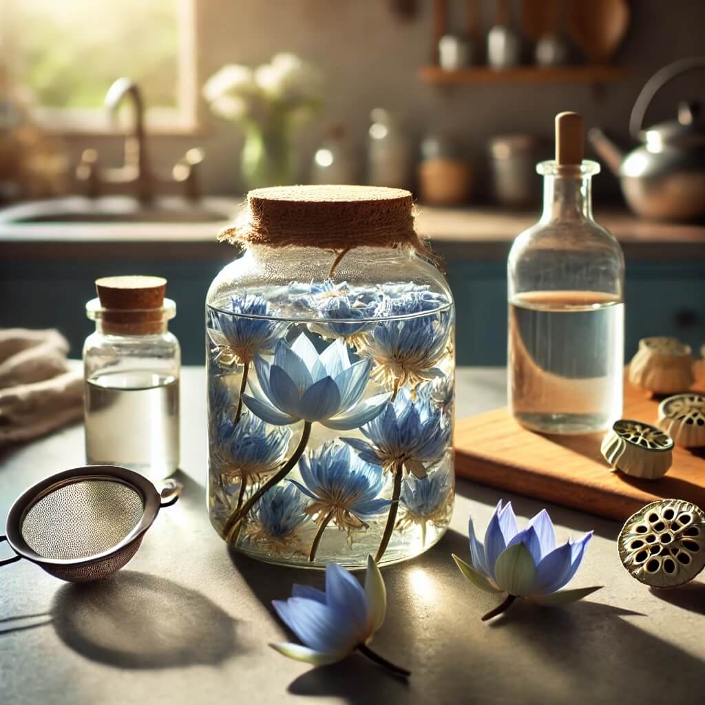 A jar filled with dried Blue Lotus flowers soaking in alcohol, placed on a kitchen countertop with sunlight streaming in and nearby tools like a strainer and dropper bottle ready for use.