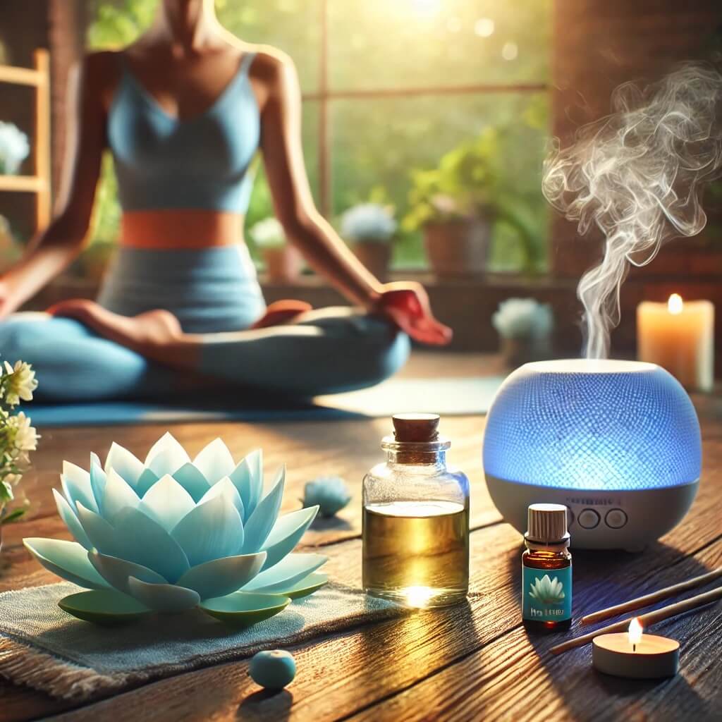 A person practicing yoga with Blue Lotus tea and a diffuser nearby, creating a calming and mindful environment.